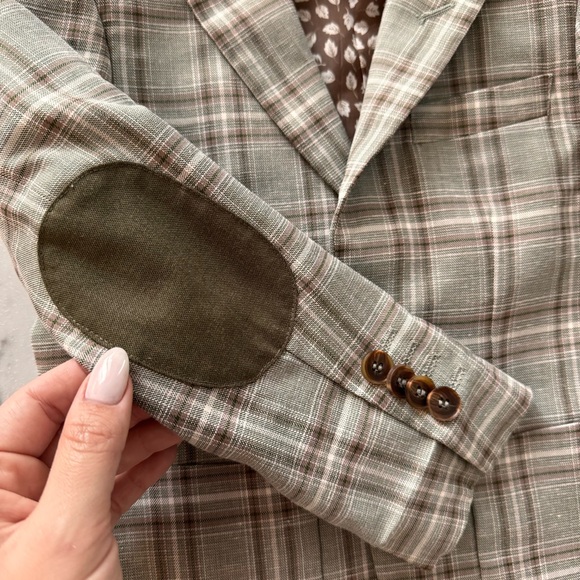 Isaac Mizrahi NewYork Boys 4 Checked Blazer Olive Brown Oxford Plaid Linen Elbow - Picture 5 of 12